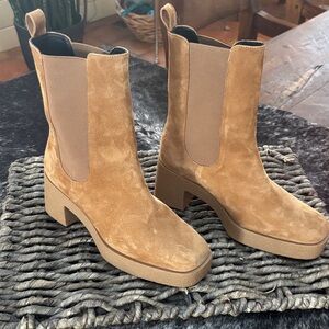 STAUD Suede Tan Chelsea Platform Booties
